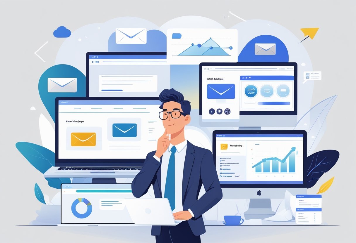 A business professional considering multiple digital marketing tools shown on computer and mobile screens with email and analytics icons around them.