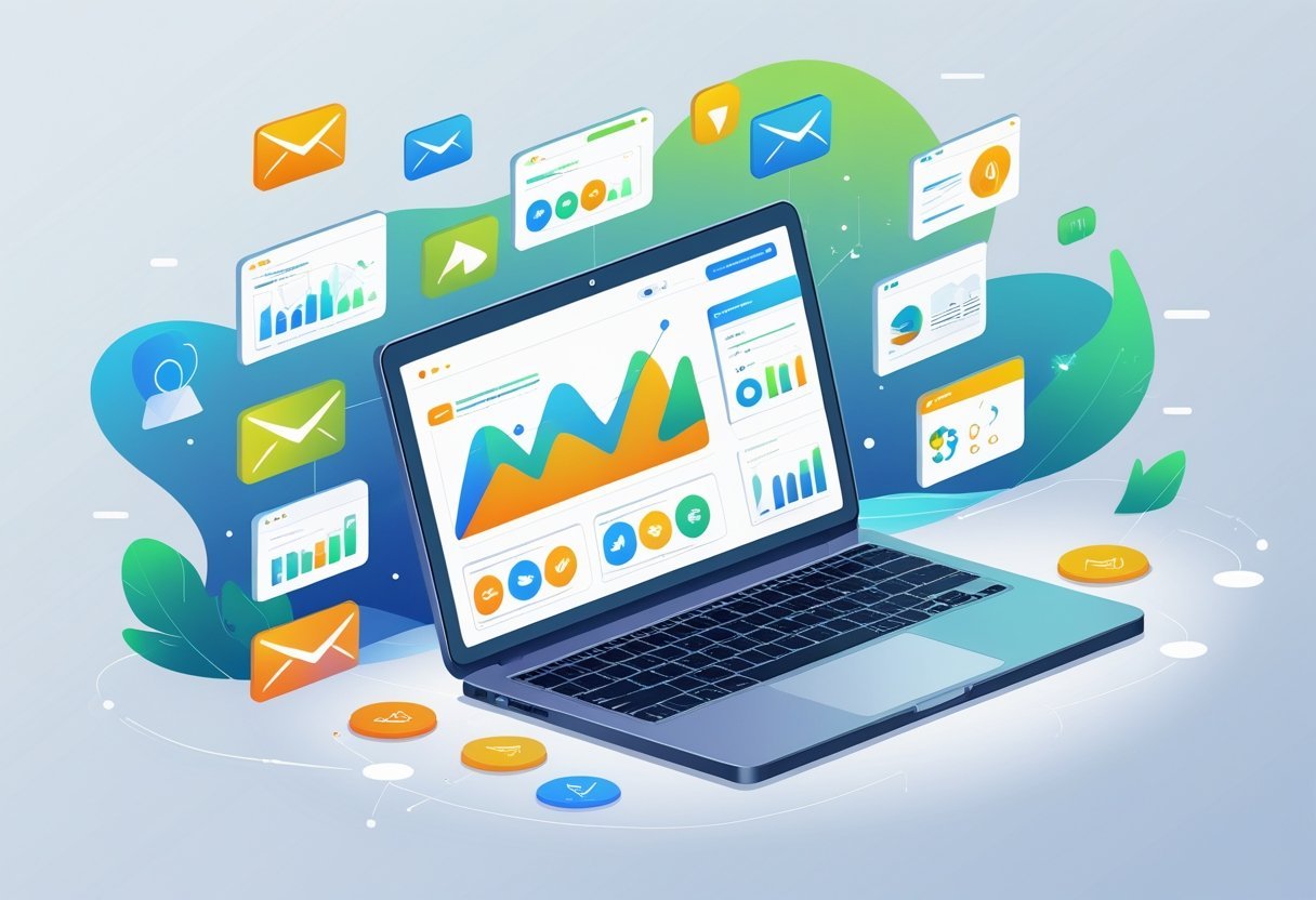 A modern digital workspace showing a laptop with colorful dashboards and floating icons representing email marketing features.
