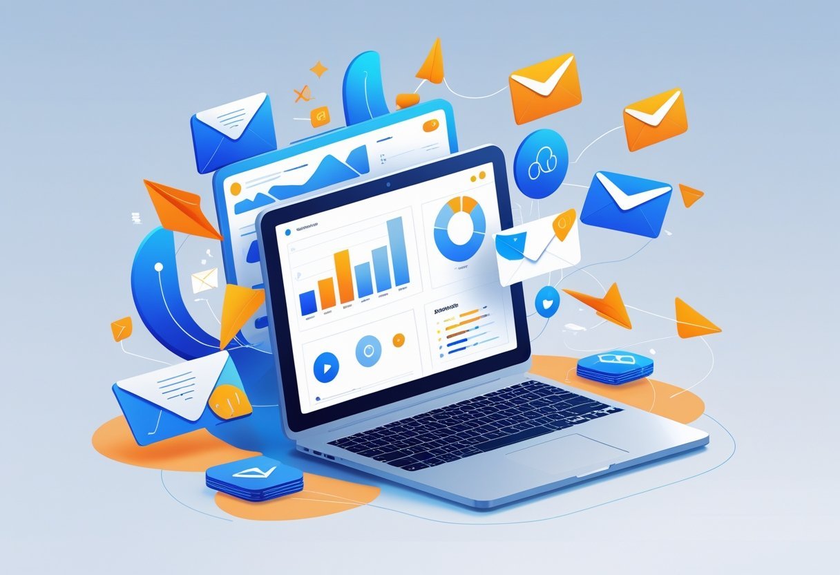 A modern workspace with a laptop showing email marketing charts and icons surrounded by envelopes and paper planes.