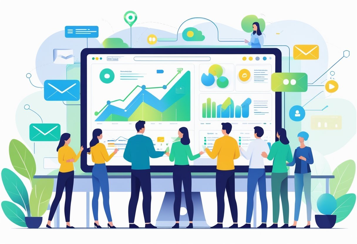 People working together around a computer displaying charts and user icons representing subscriber management and audience engagement.