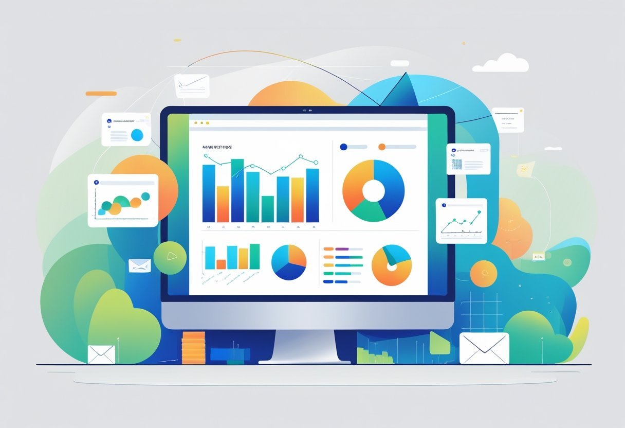 A workspace with a computer showing colorful charts and graphs representing analytics and reporting for email marketing.