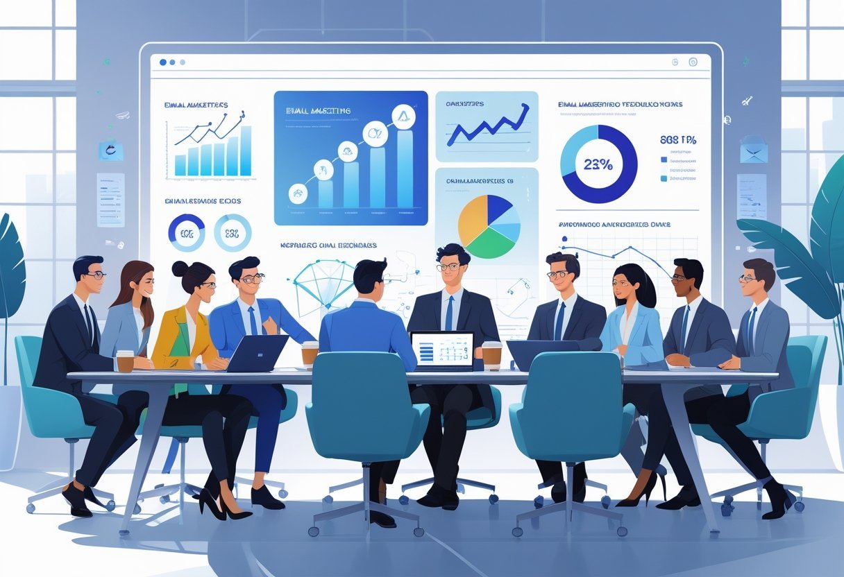 A diverse team of professionals collaborating around a conference table with laptops and digital screens showing charts and marketing data in a bright office.