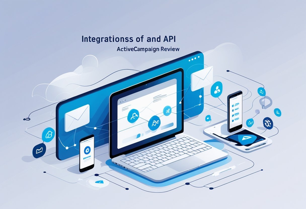 A workspace with interconnected devices showing data flow and icons representing email marketing and automation integrations.