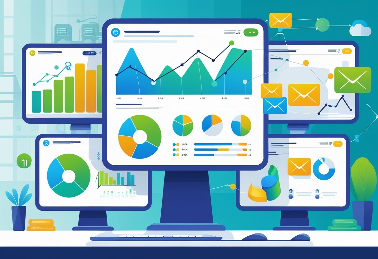 A workspace with multiple screens showing charts, graphs, and email icons representing analytics, reporting, and email deliverability.