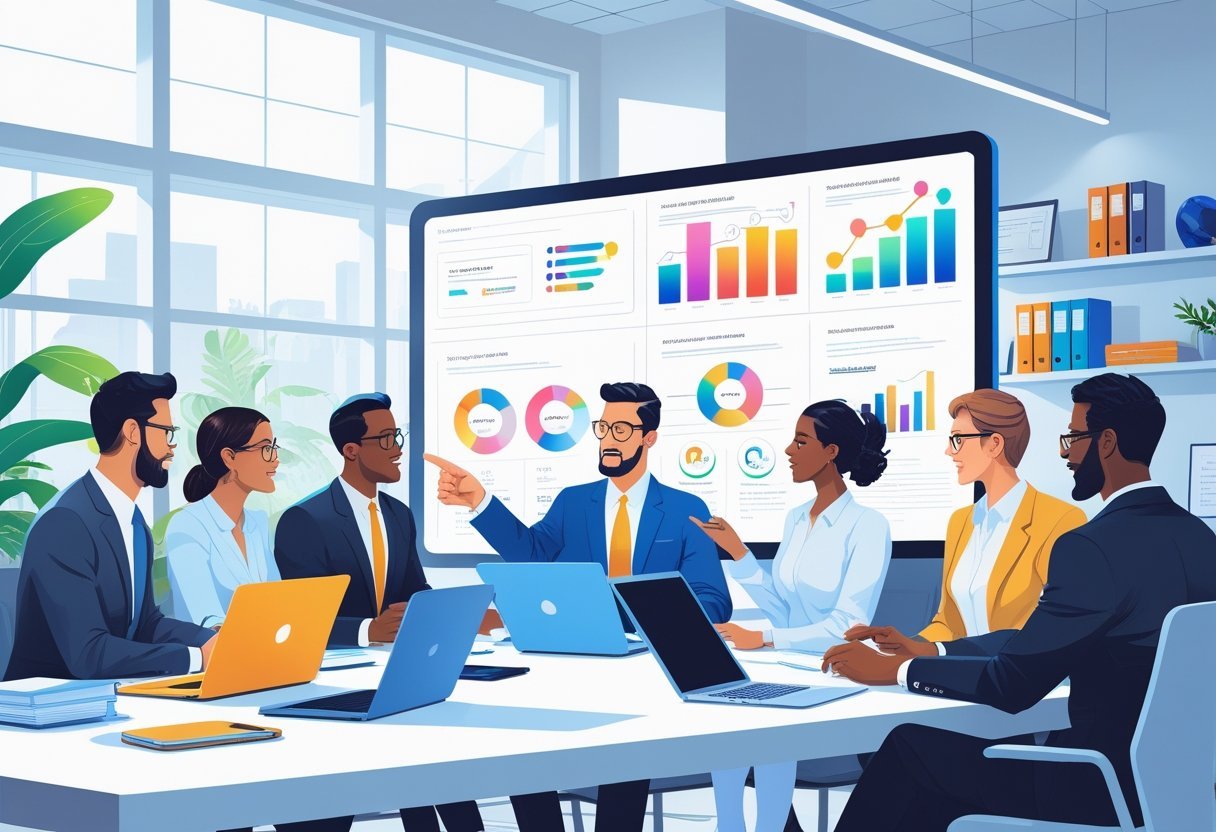 A group of business professionals collaborating around a table with digital devices and a large screen showing charts and email icons in an office setting.