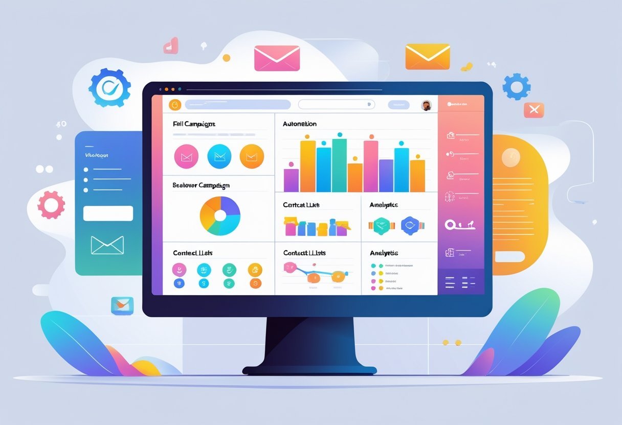 A modern workspace showing a computer screen with colorful charts and icons representing email marketing features and tools.