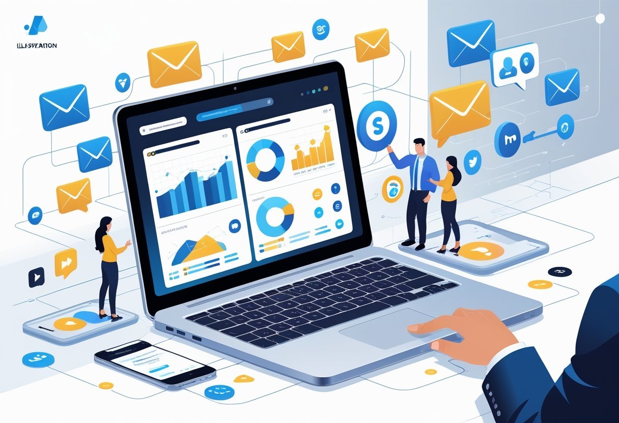 A person working on a laptop surrounded by marketing icons like email, chat, and social media in a modern office setting.