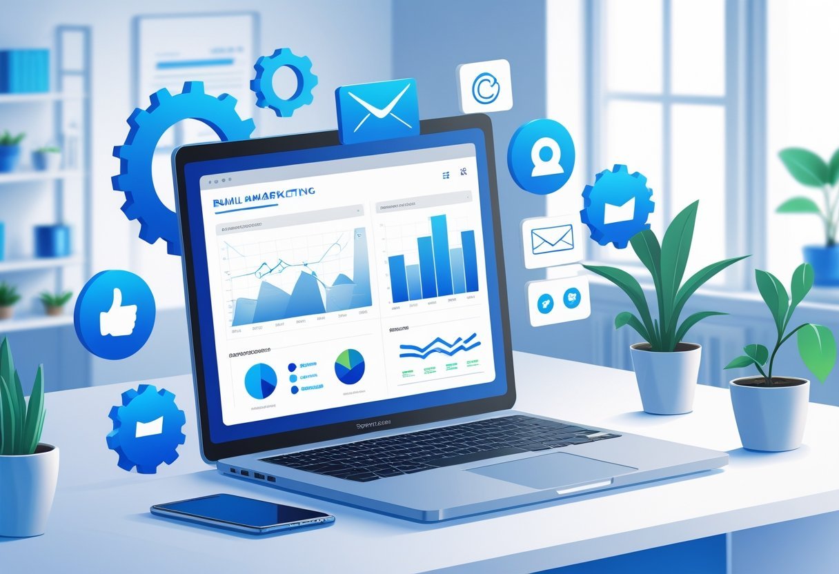 A workspace with a laptop showing email marketing analytics, surrounded by icons of emails, automation gears, and user engagement symbols, set in a clean office environment.