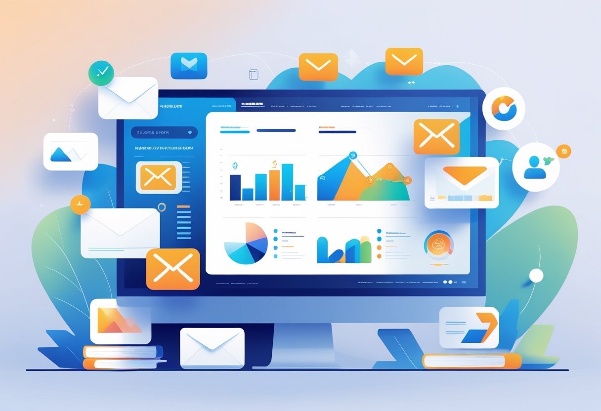 A modern workspace with a computer screen displaying abstract graphs and email icons representing marketing features, surrounded by floating icons symbolizing automation and analytics.