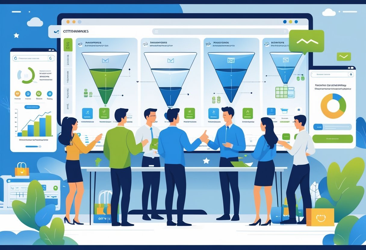 A digital marketing workspace showing professionals analyzing data and conversion funnels with ecommerce elements like shopping carts and packages.