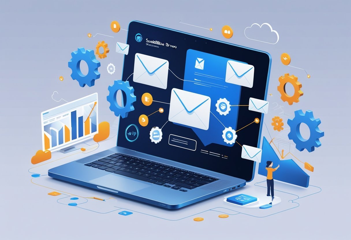 A modern workspace with a laptop displaying floating email and messaging icons connected by glowing lines, surrounded by symbols of marketing automation and data analytics.