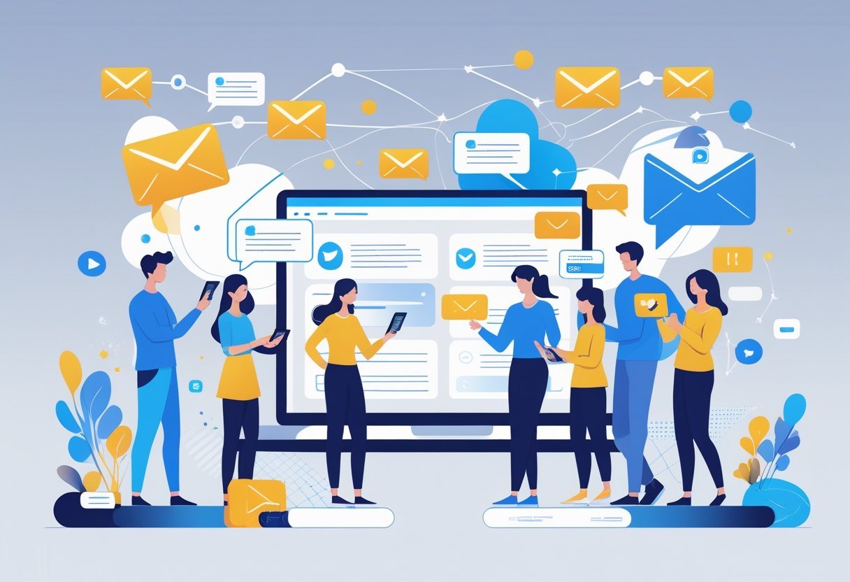 People using laptops and smartphones surrounded by icons representing email, chat, and notifications, illustrating different communication channels.