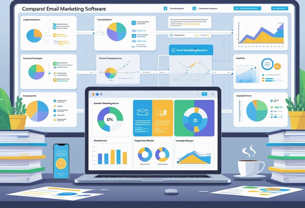 A workspace with a laptop showing multiple email marketing software dashboards with charts and icons, surrounded by office items and a large screen displaying comparison data.