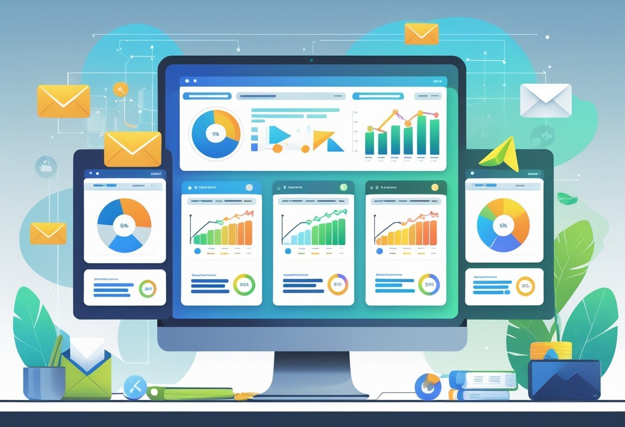 A workspace with a computer screen showing side-by-side dashboards comparing email marketing software platforms with charts and email icons around it.