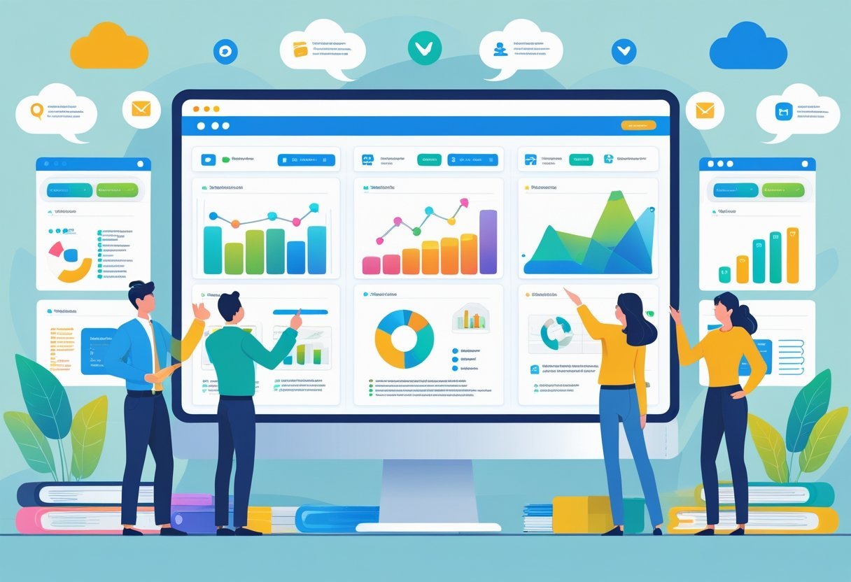 A group of professionals analyzing side-by-side software dashboards with graphs and icons in a modern office setting.