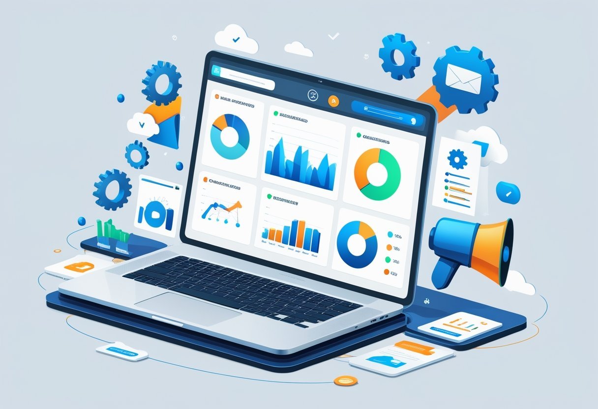 A digital workspace showing a laptop with email marketing dashboards and icons representing email campaigns, automation, and data integration.