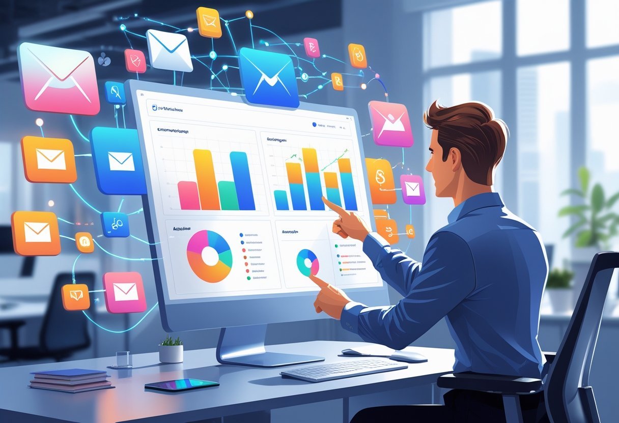 A person interacting with a computer displaying email marketing analytics and digital icons representing email tools in a modern office.