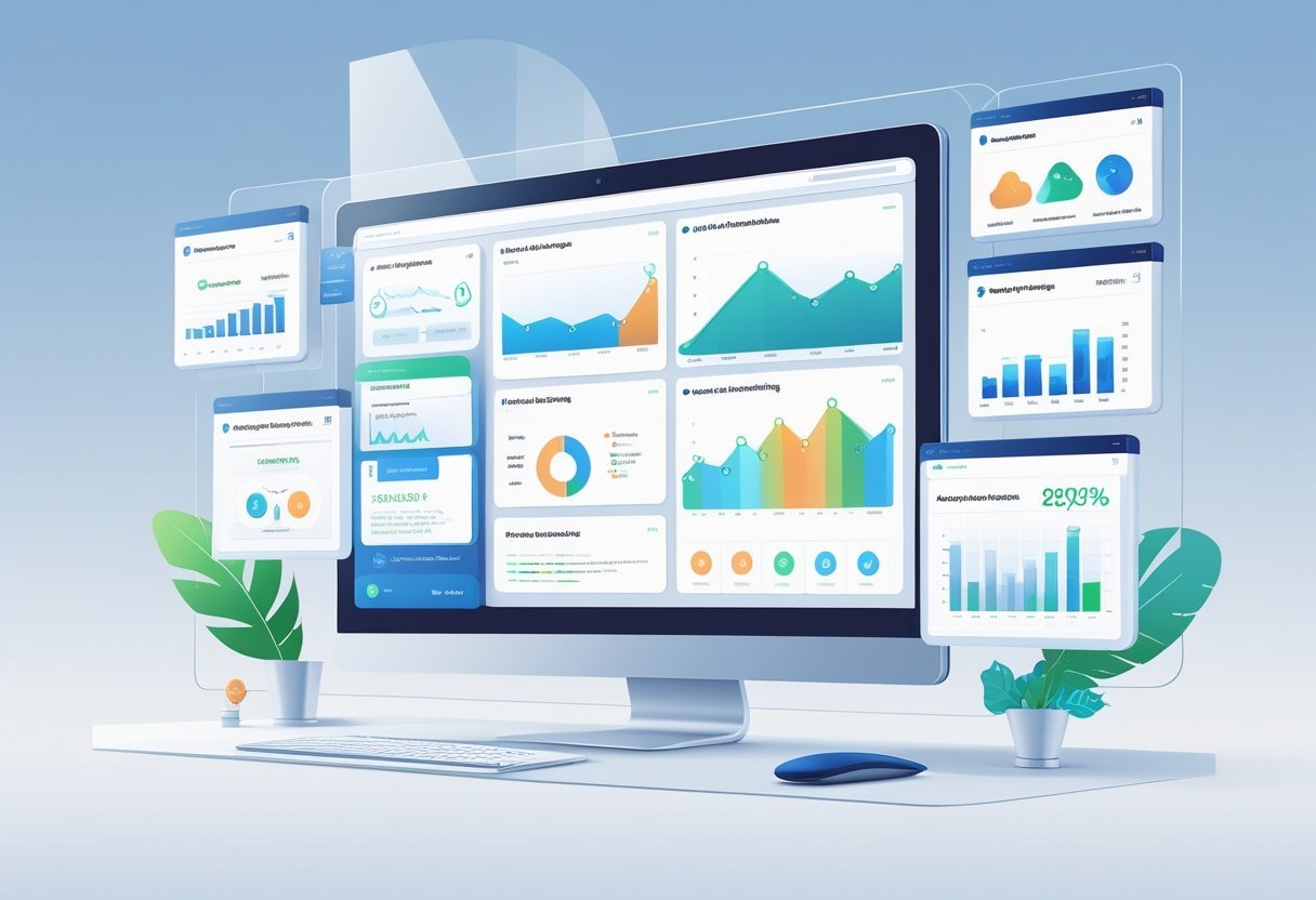 A digital workspace showing multiple floating screens with email marketing analytics, charts, templates, and automation workflows.