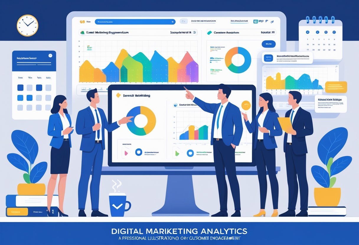 A group of professionals discussing marketing data shown on a laptop with charts and icons in a modern office setting.
