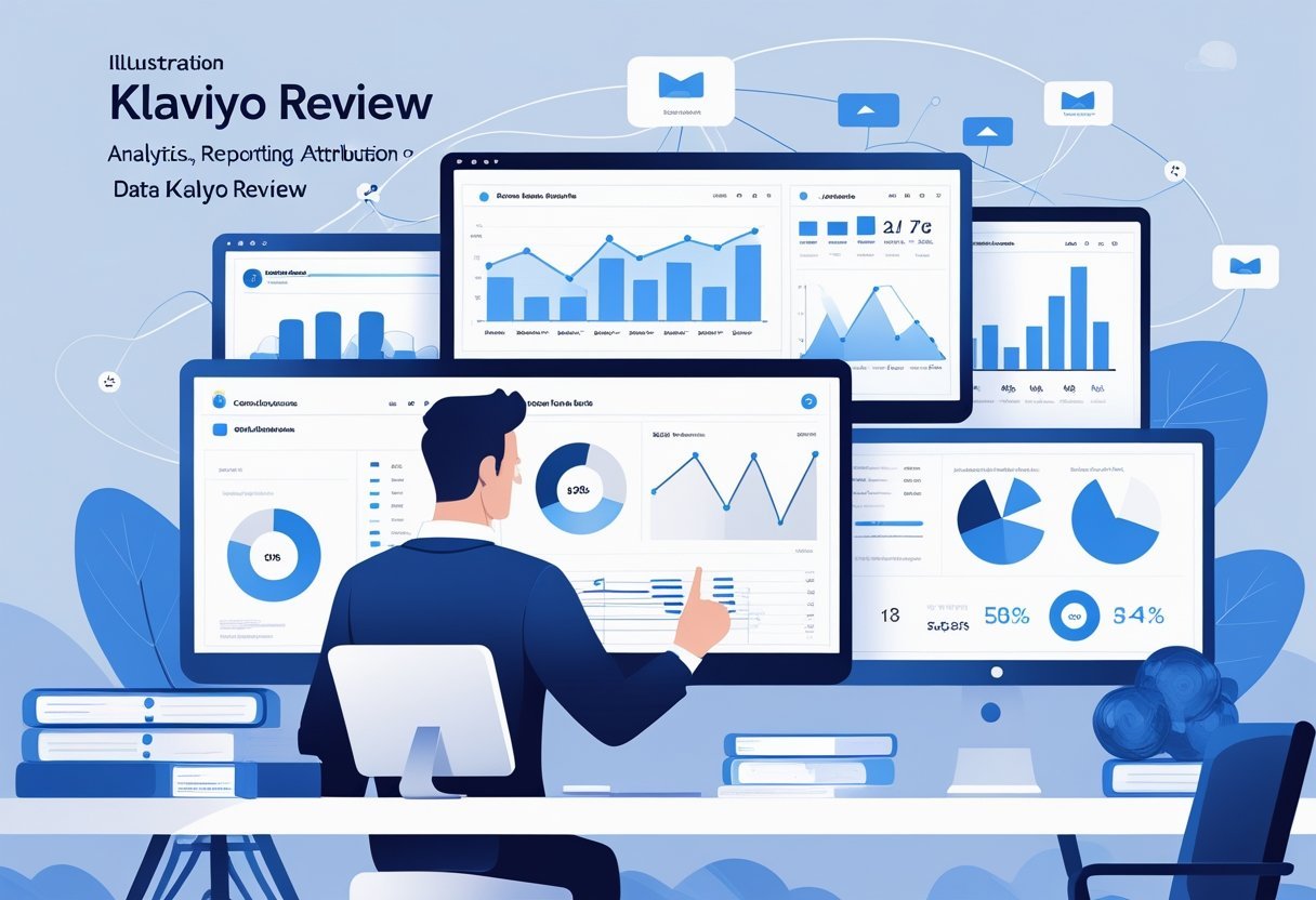 A person analyzing data charts and graphs on multiple digital screens in a modern workspace focused on marketing analytics.