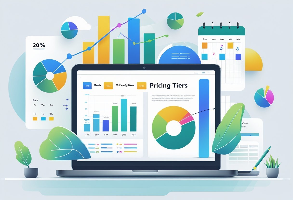 A workspace with a laptop showing charts and icons representing different pricing plans and subscription tiers.