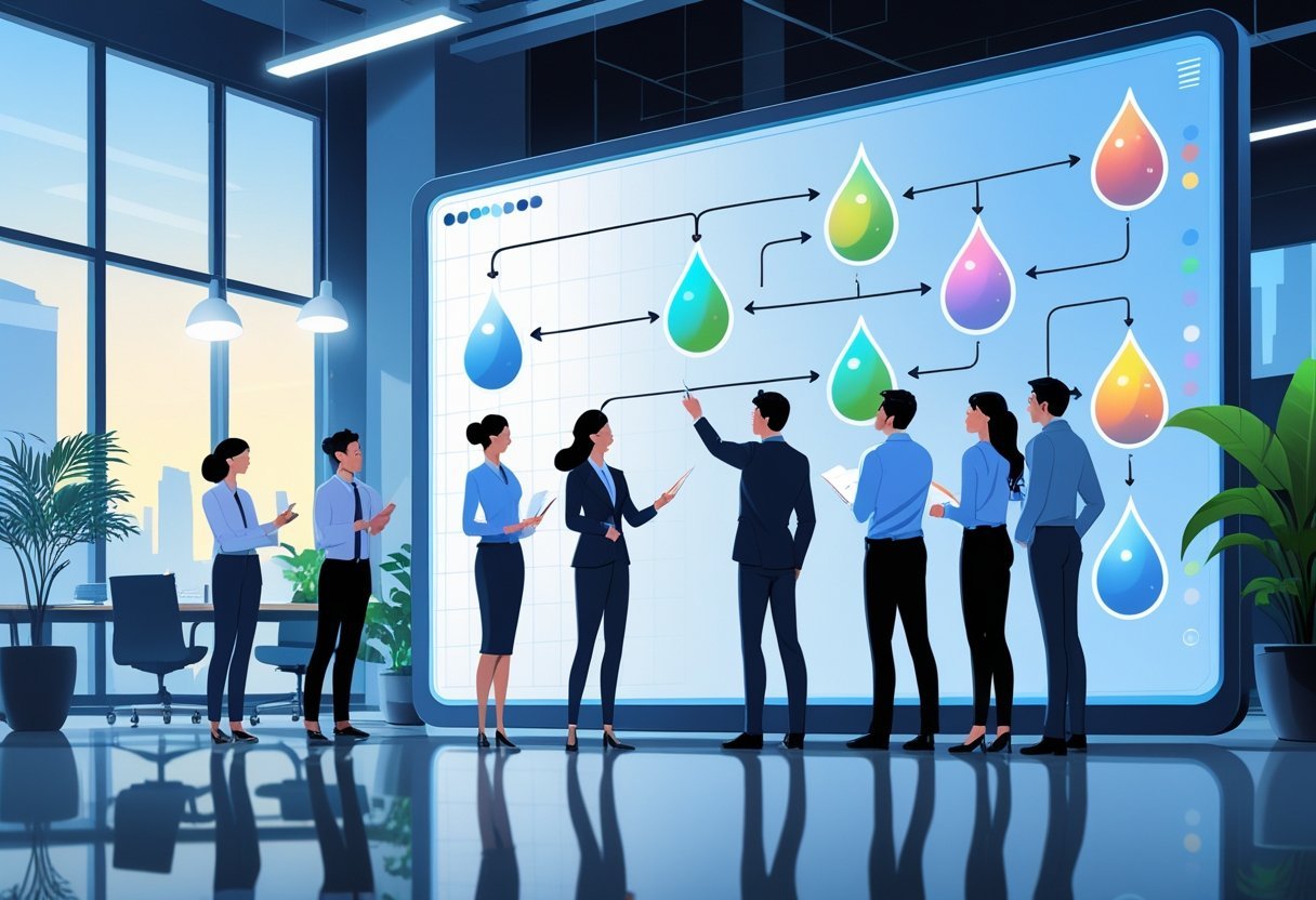 A group of professionals collaborating around a digital screen showing interconnected droplets representing stages of a review process in a modern office.