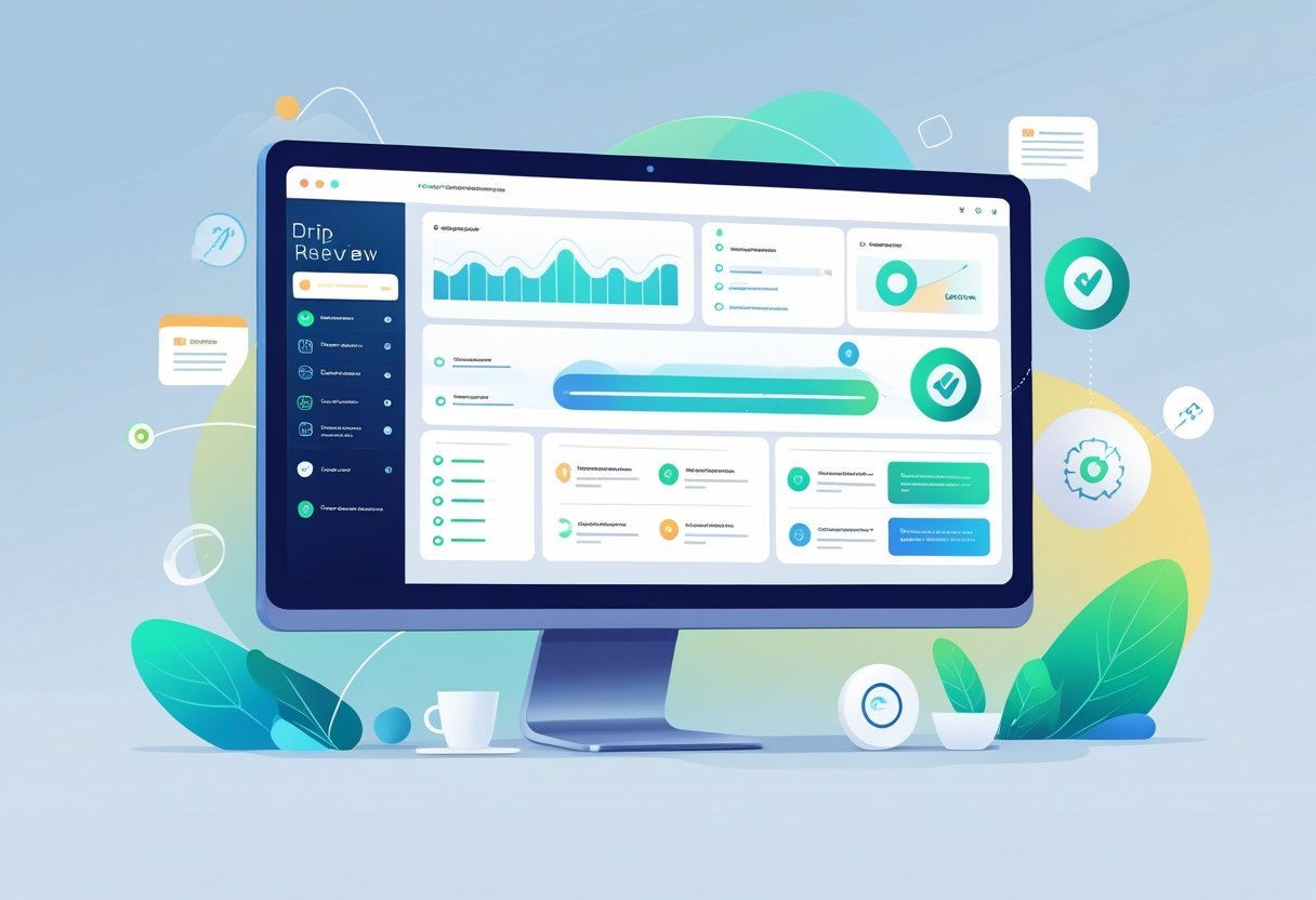 A computer screen showing a dashboard with sections representing progressive content delivery and review processes, surrounded by icons symbolizing feedback and automation.