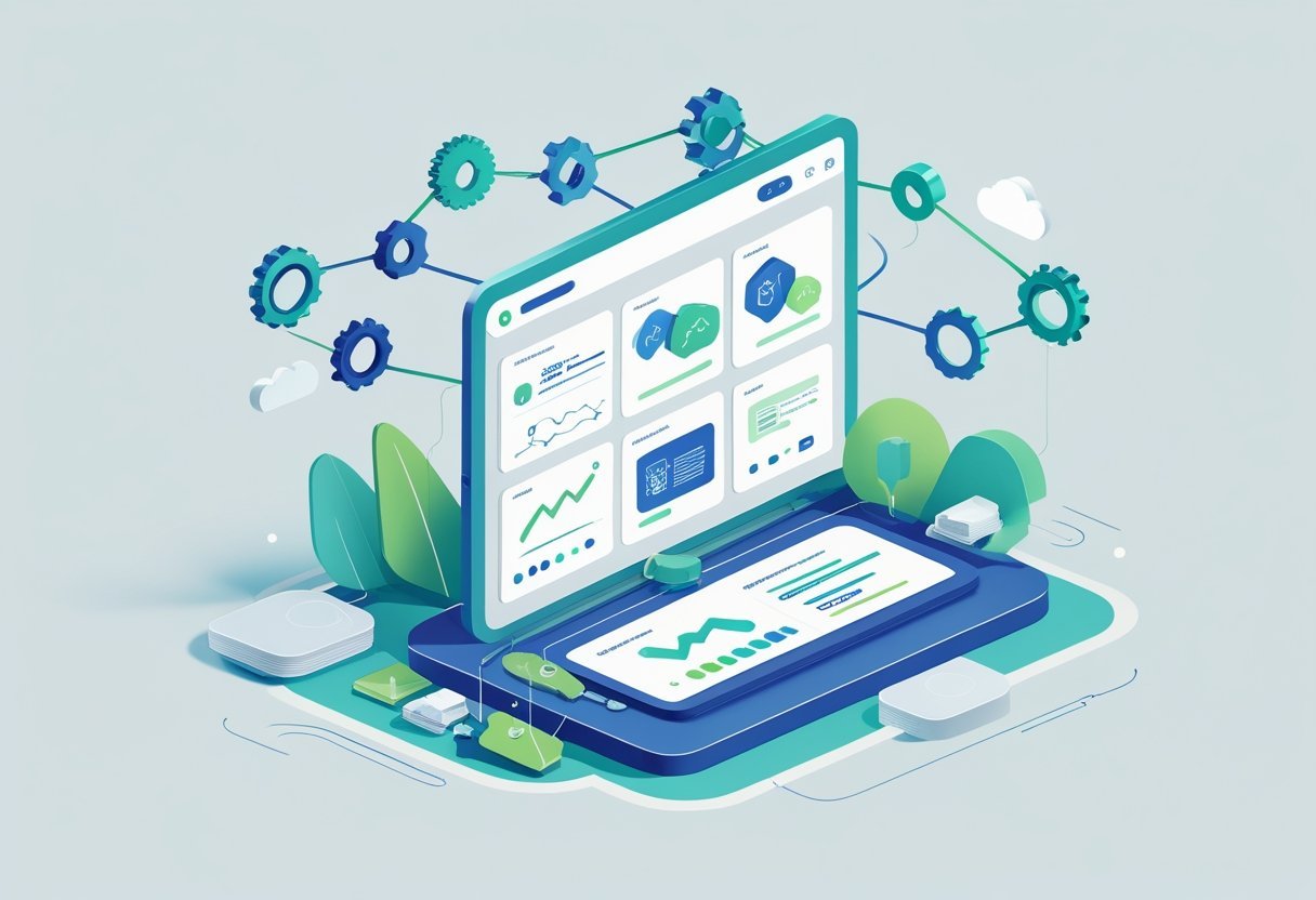 A digital dashboard surrounded by interconnected icons representing software tools and services, illustrating integration and ecosystem concepts.