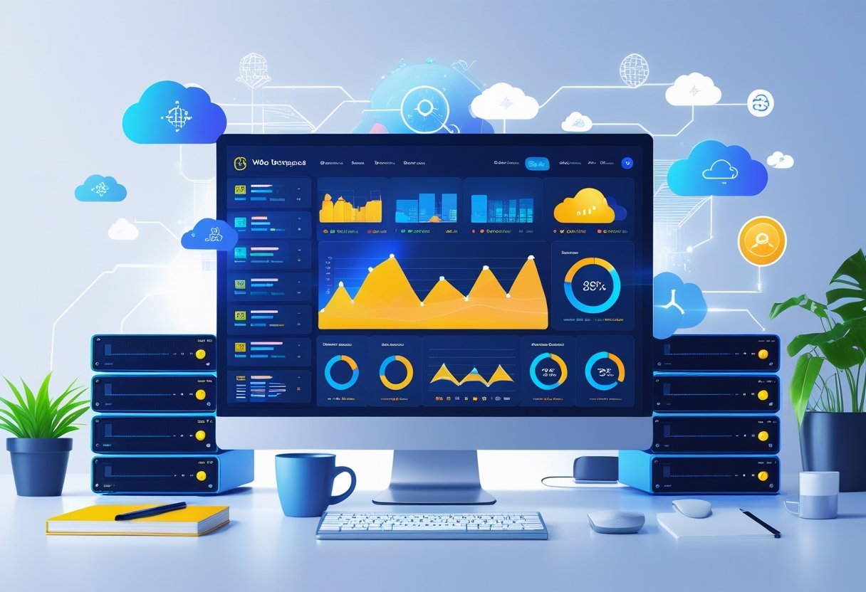 A workspace with a computer showing web hosting dashboards and server icons, surrounded by office items like a coffee cup and plant.