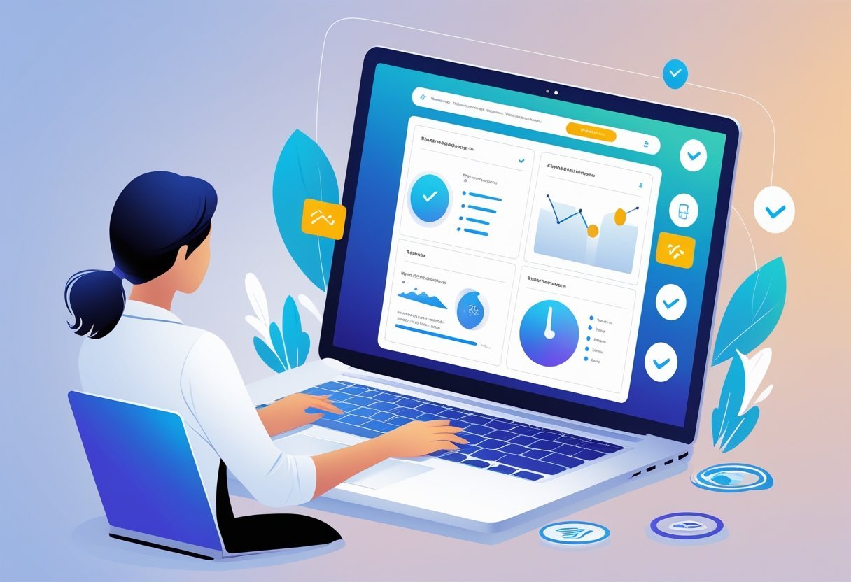 A person using a laptop with a clear and simple web hosting dashboard interface, surrounded by icons representing ease of use and smooth user experience.