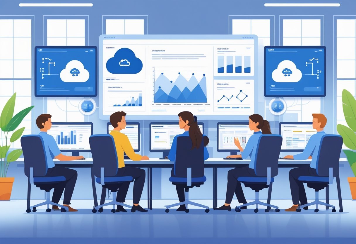 A team of customer service representatives working at desks with computers in a modern office, focusing on web hosting support.