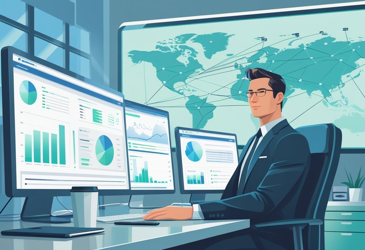 A business professional working at a desk with multiple monitors showing website data and a large digital screen displaying a connected globe in a modern office.