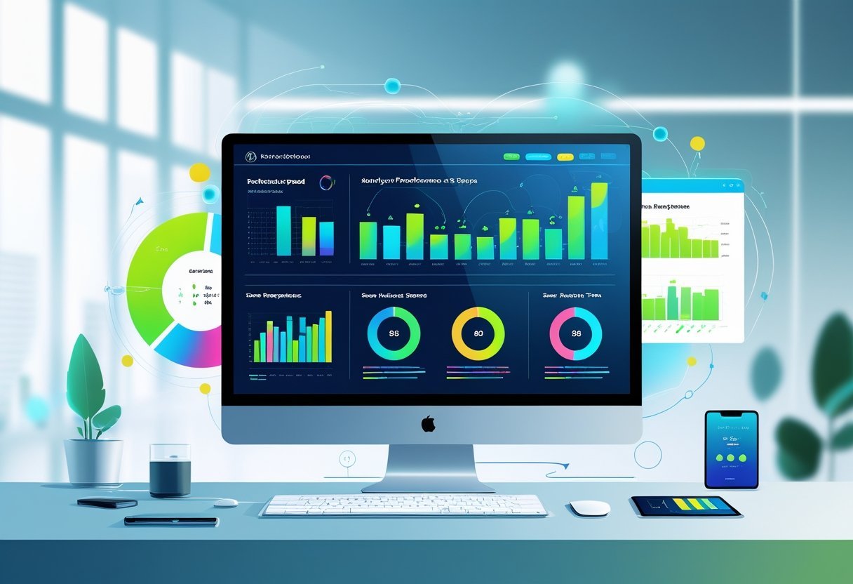 A workspace with a computer screen showing website speed and performance graphs, surrounded by abstract data flow visuals in a modern office setting.