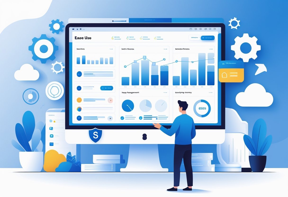 A person using a computer with an easy-to-understand website management dashboard surrounded by icons representing tools, cloud, and security.