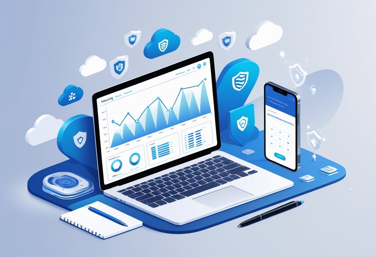 A modern workspace with a laptop showing graphs, a smartphone with a hosting control panel, and icons representing cloud hosting and security.