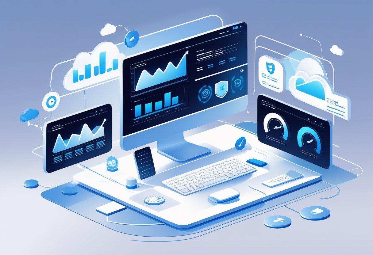 A modern workspace with multiple screens showing hosting dashboards and icons representing cloud storage, security, speed, and support.