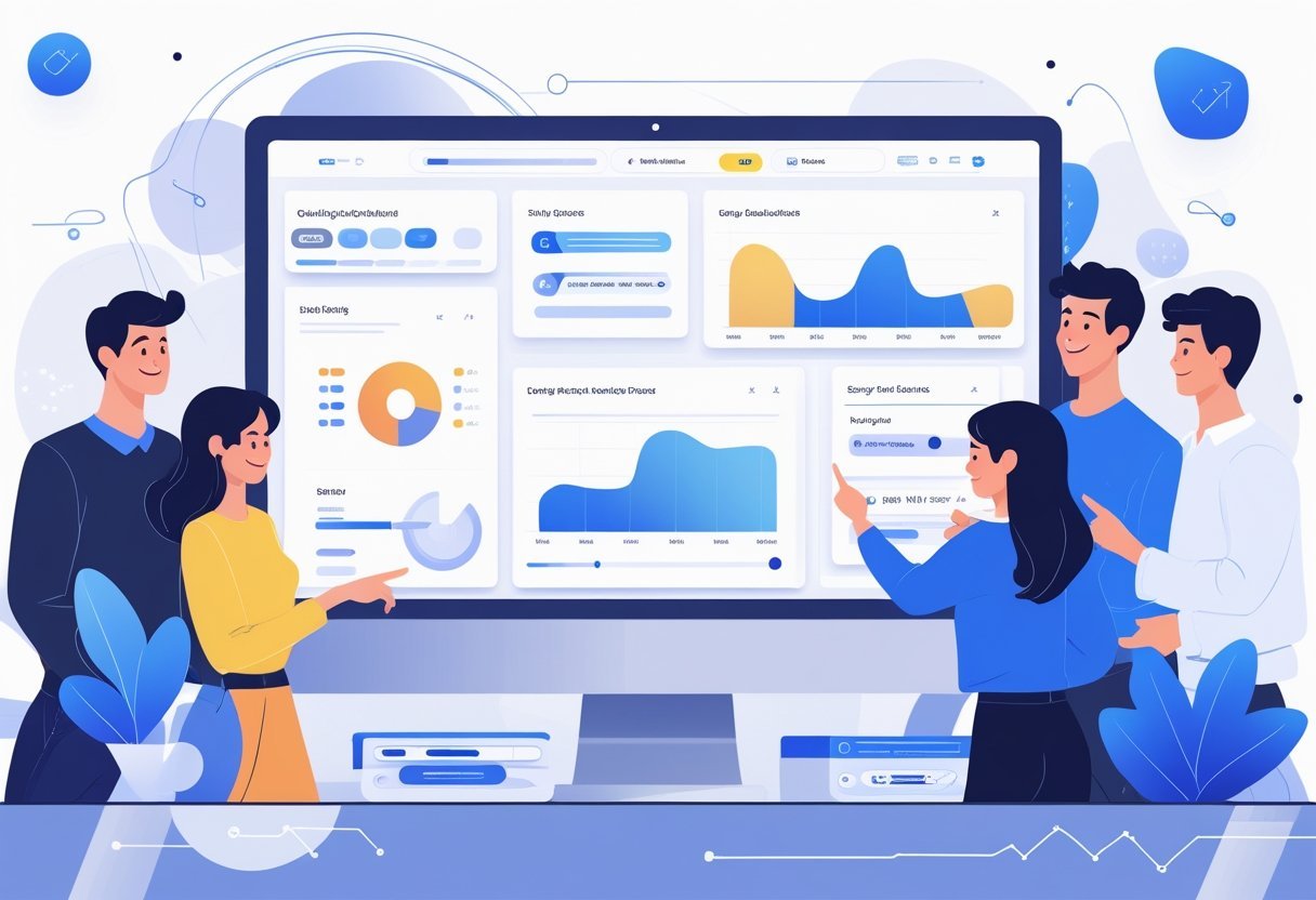 People interacting with a user-friendly web hosting dashboard, showing ease of use and positive user experience.
