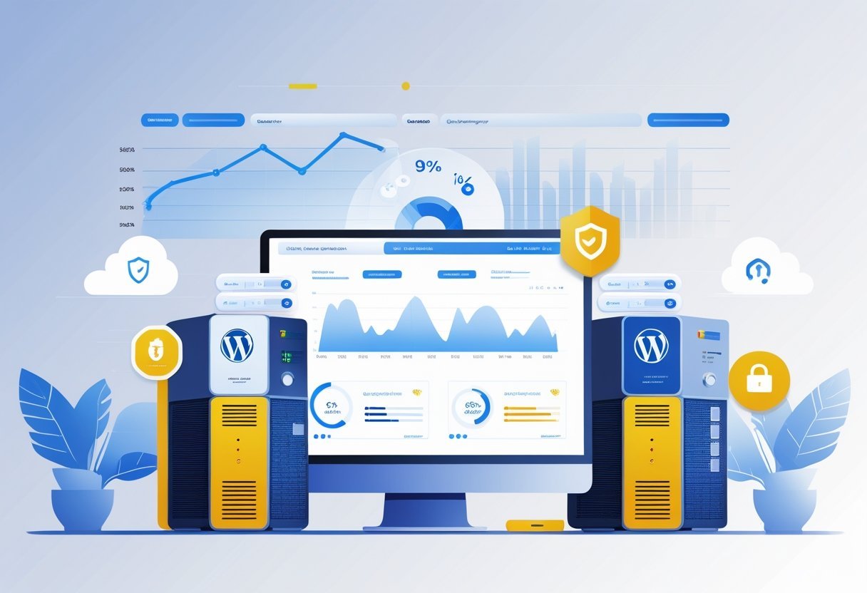 Illustration showing several computer servers with floating charts and icons representing speed, security, and support, alongside a laptop screen displaying the WordPress logo.