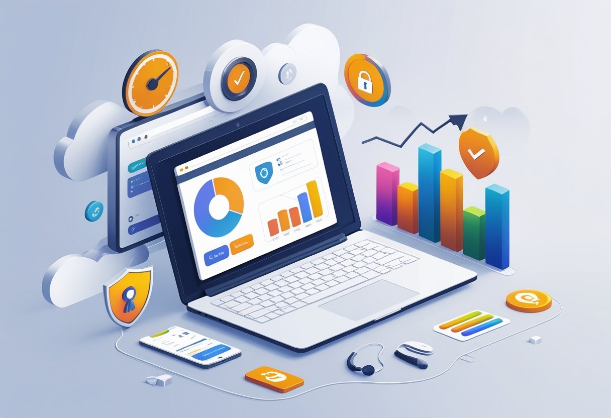 A workspace with a laptop surrounded by icons representing speed, security, uptime, customer support, scalability, and pricing for comparing WordPress hosting services.