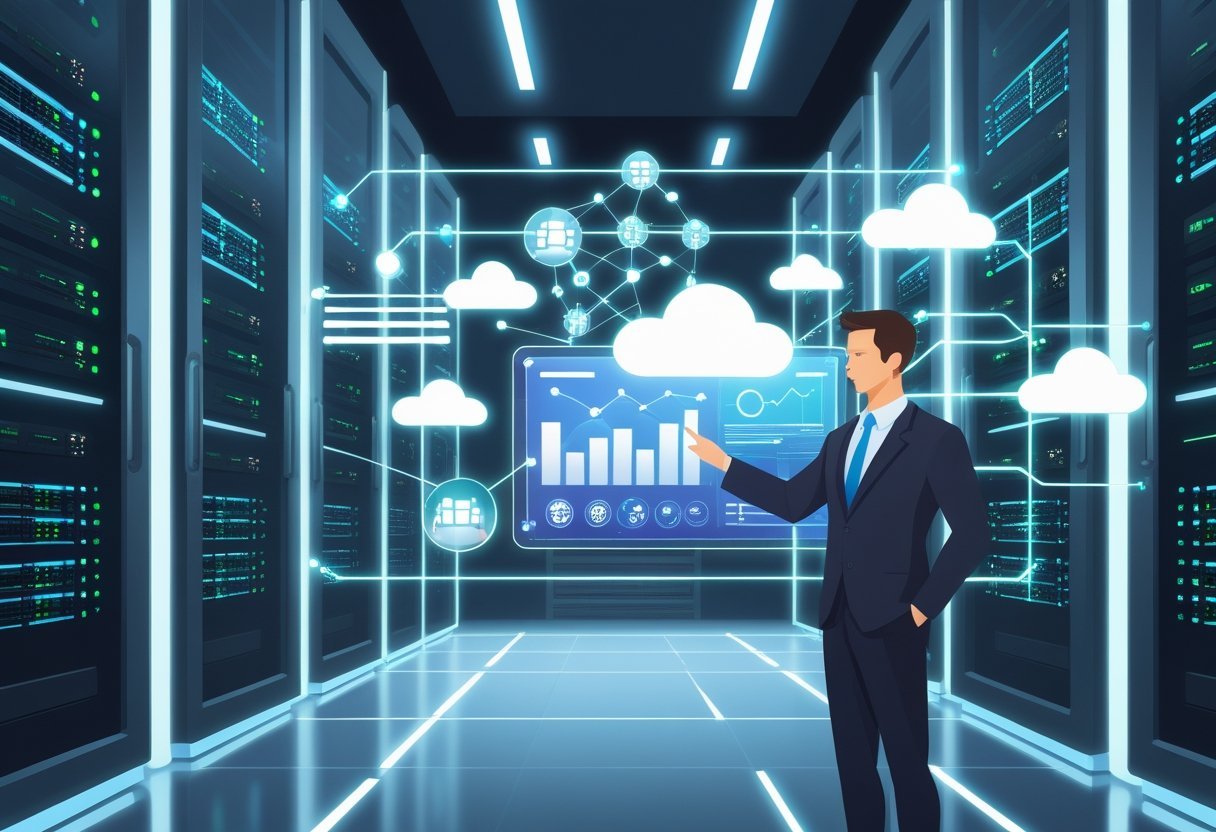A server room with glowing servers and a person using a transparent touchscreen showing network graphs and cloud icons.