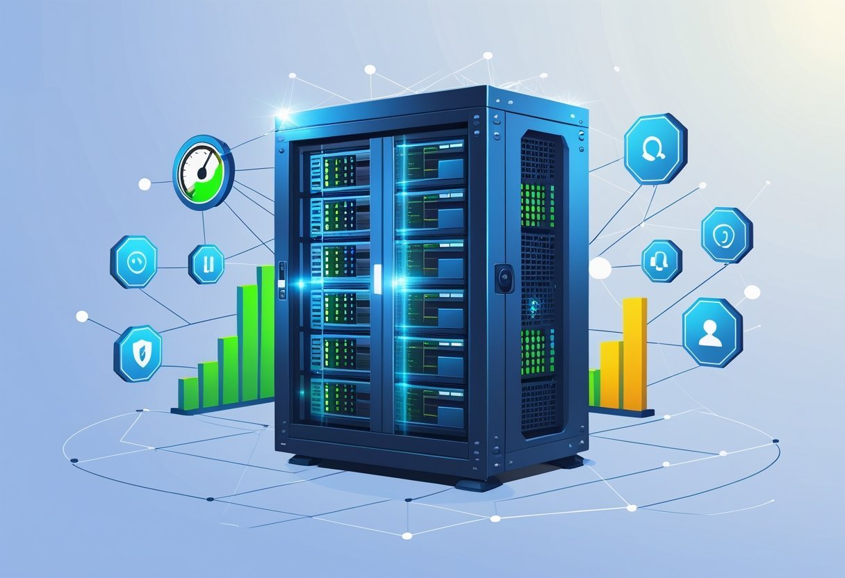 A server rack surrounded by icons representing speed, uptime, security, customer support, and scalability connected by network lines.