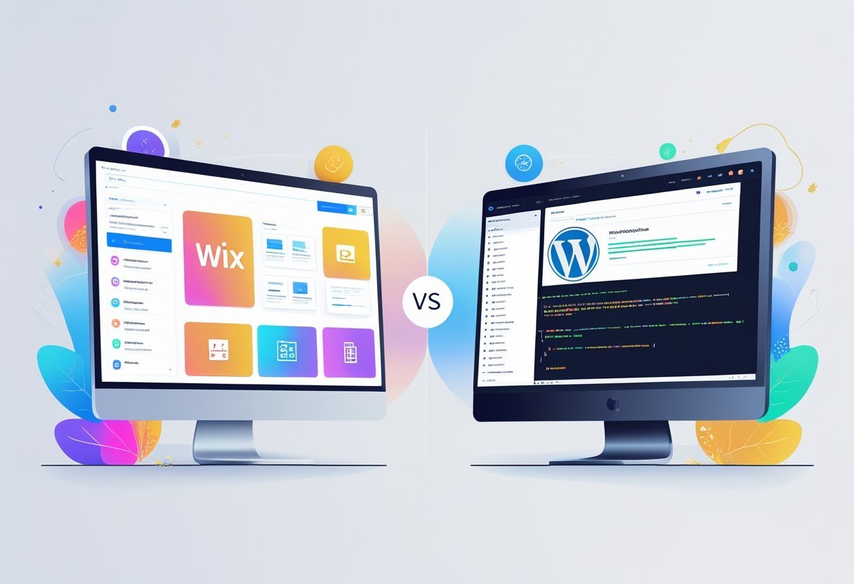 A split image showing two website platform interfaces side by side, one with simple drag-and-drop design elements and the other with technical customization tools.