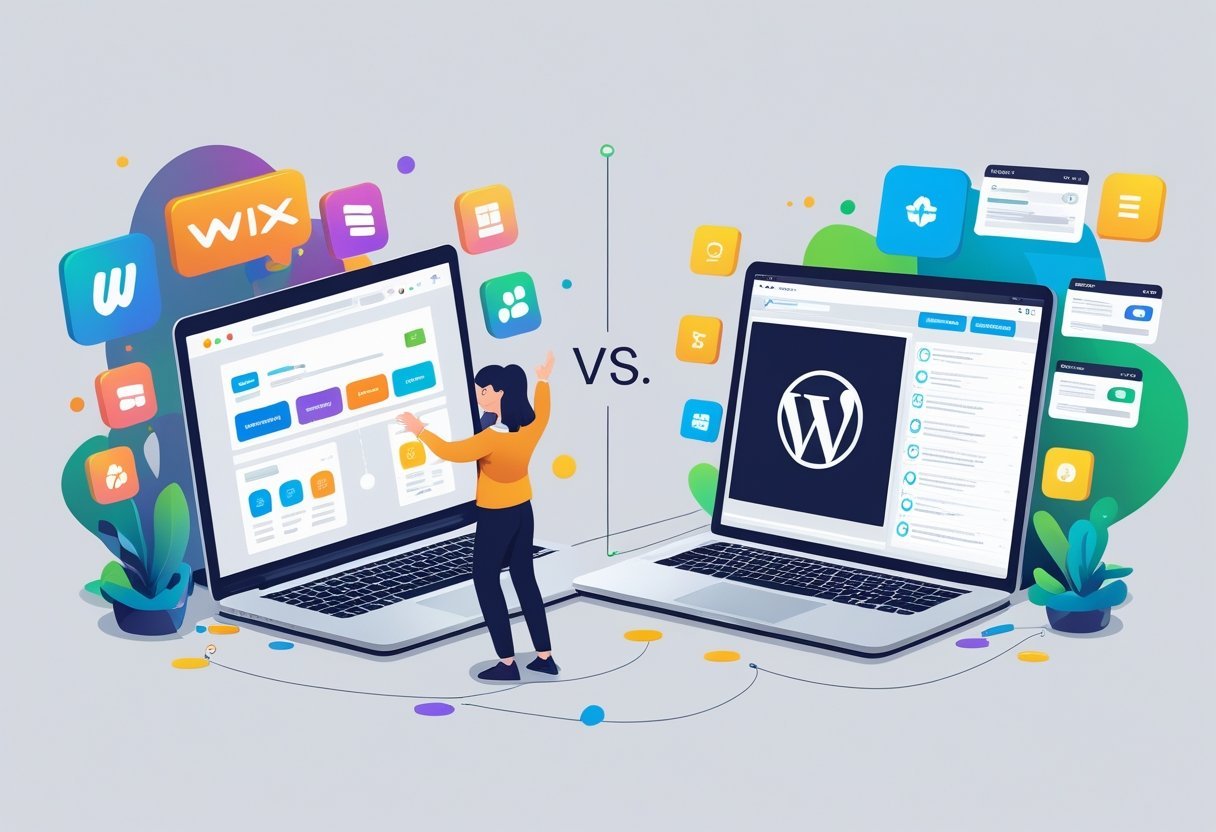 Two people using laptops side by side, one showing a colorful drag-and-drop interface and the other displaying a technical dashboard with plugin icons, illustrating a comparison of website building platforms.
