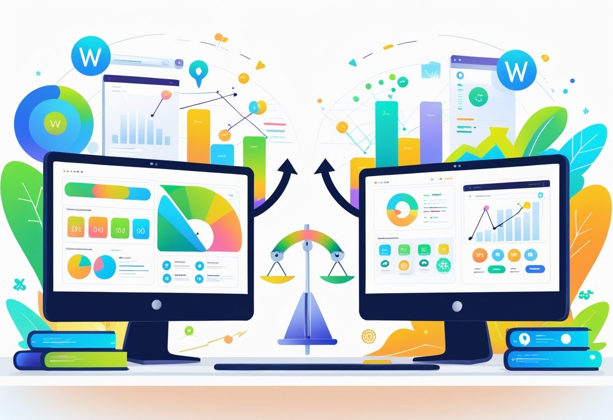 Two computer screens side by side showing abstract graphs and icons representing SEO and marketing features of Wix and WordPress platforms.