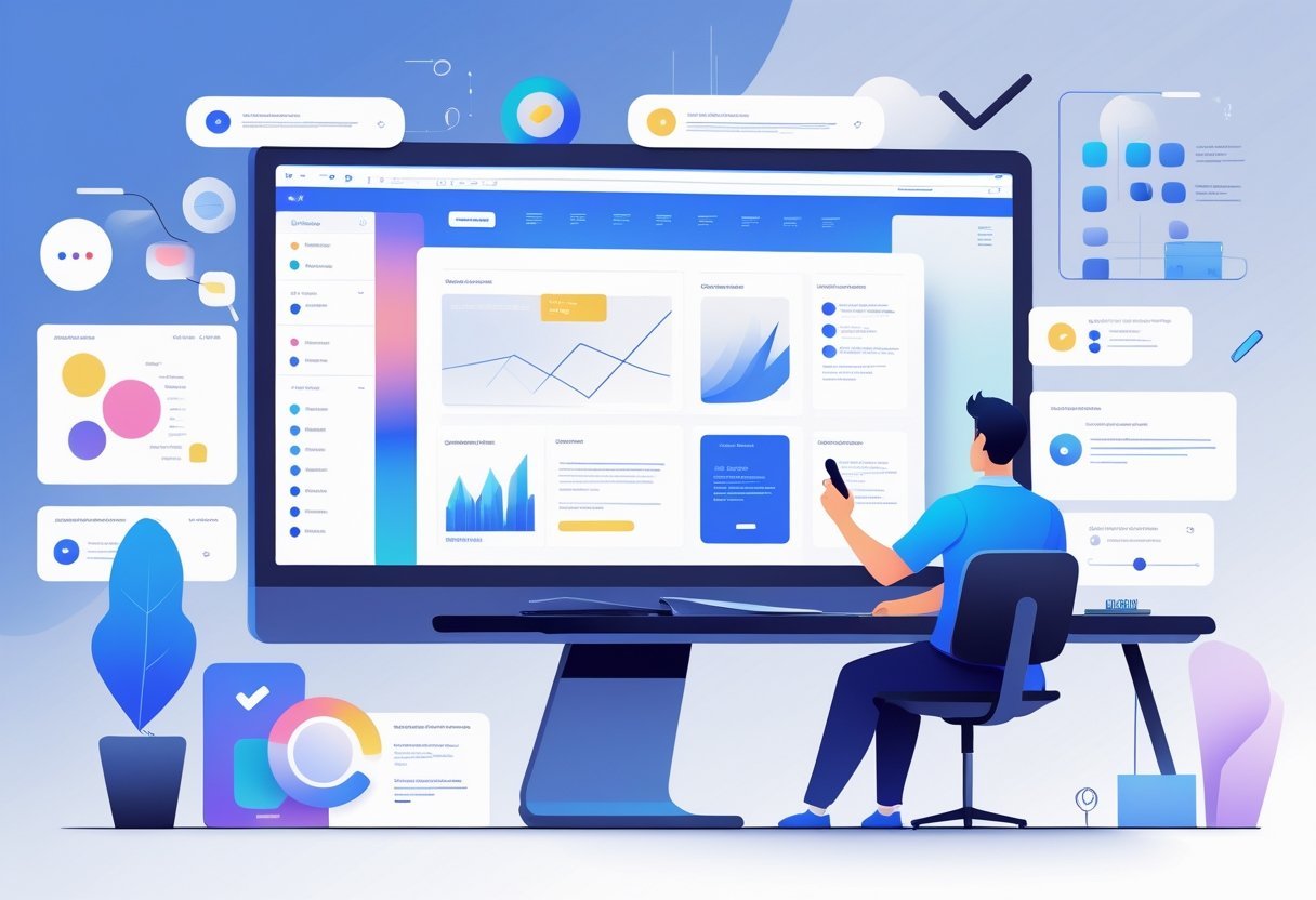 A person working at a desk reviewing a website design on a computer screen surrounded by digital design and analytics icons.