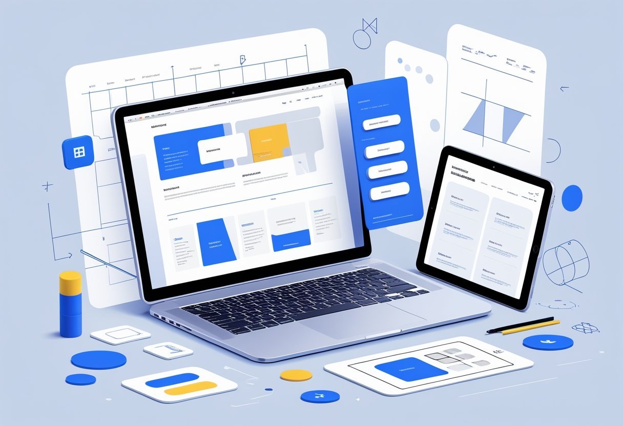 A workspace with a laptop showing a website layout and design tools like color swatches and wireframe sketches around it.