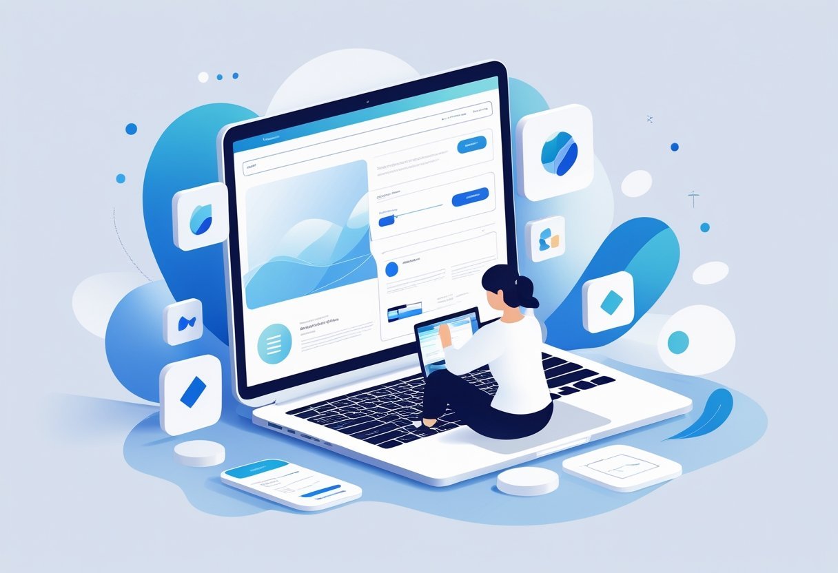 A person using a laptop displaying a clean and easy-to-use website interface with icons representing user-friendly features around it.