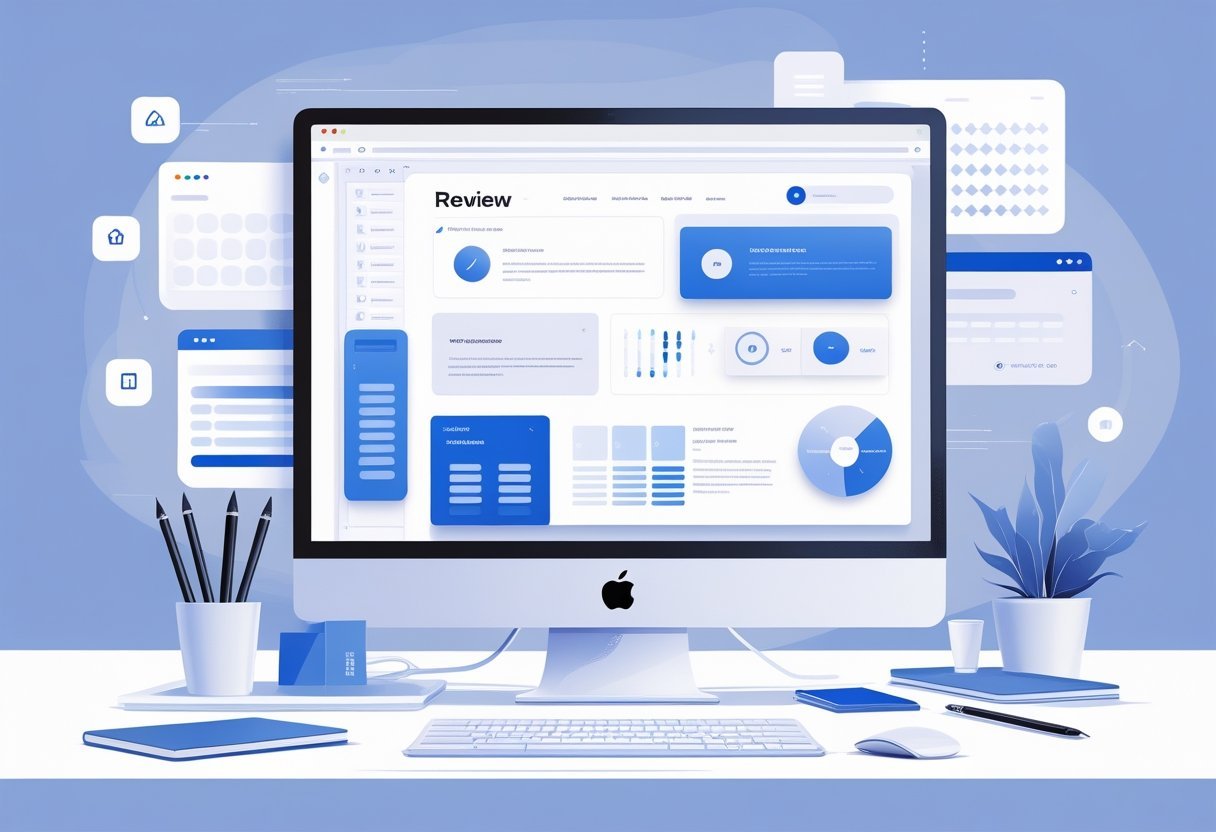 A workspace with a computer showing a website design interface, surrounded by design tools and floating icons representing analytics and coding.