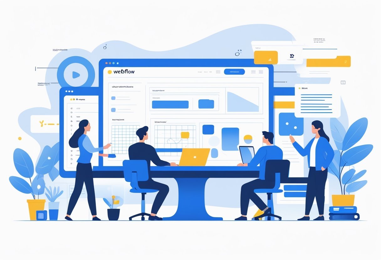 A group of diverse people collaborating around a digital workspace showing a web design interface with various tools and devices.