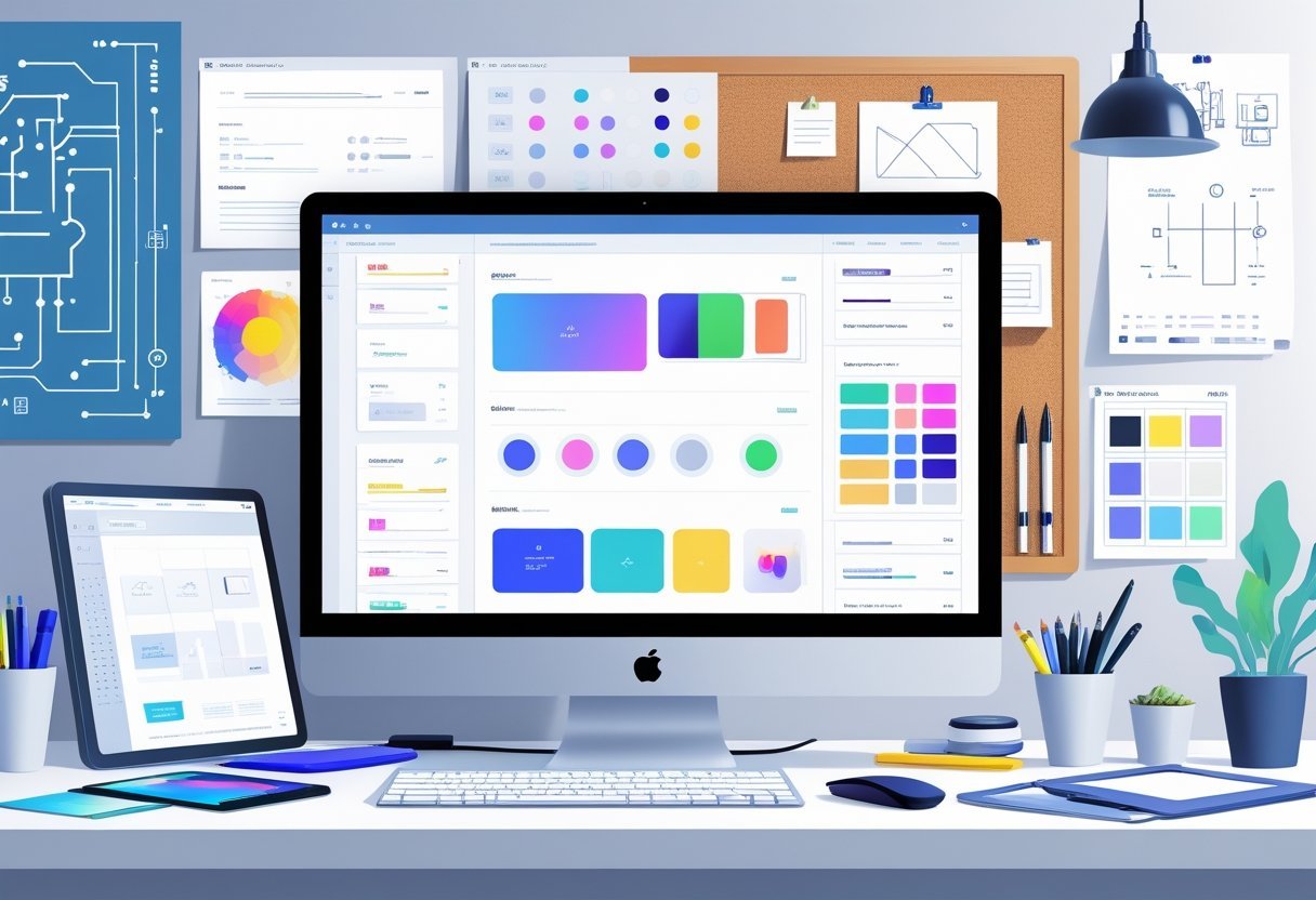 A workspace with a computer showing a web design interface and various design tools around it.